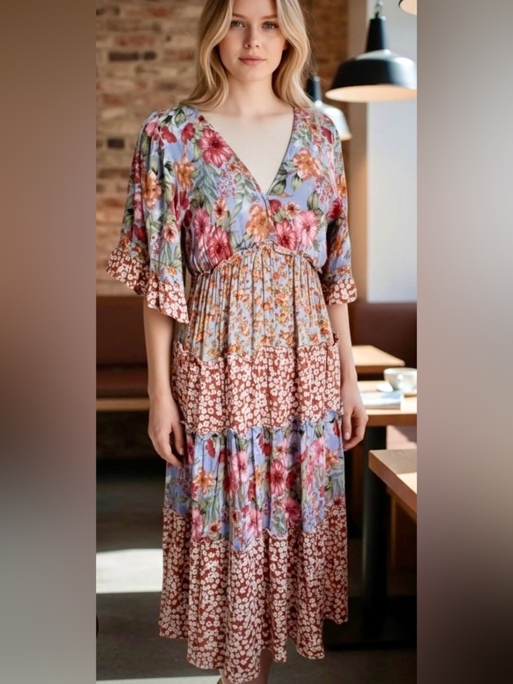 Umgee Floral V‑Neck Tiered Midi Dress